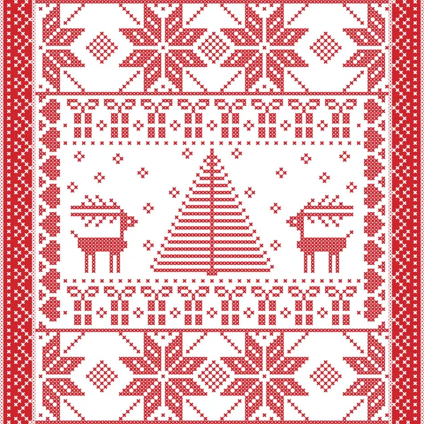 Style scandinave imprimé textile et inspiré par Noël norvégien et motif hivernal sans couture en point de croix avec arbre de Noël, flocons de neige, cadeaux, rennes, cœurs et ornements — Image vectorielle