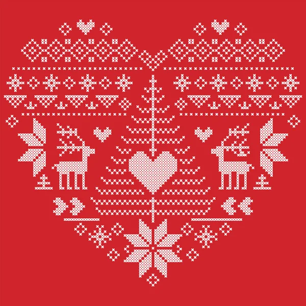 Forma de corazón escandinavo impreso estilo textil e inspirado en la Navidad noruega y festivo patrón sin costuras de invierno en punto de cruz con árbol de Navidad, copos de nieve, renos, corazón y adorno en fondo rojo — Vector de stock