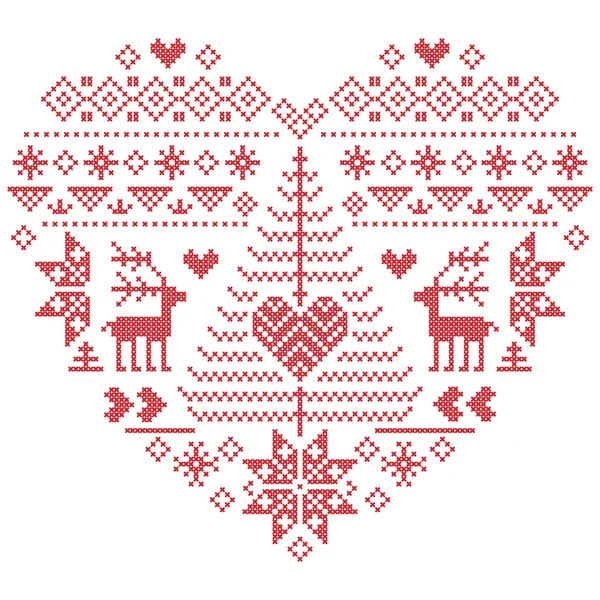 Herzform skandinavischen bedruckten Textilstil und inspiriert von norwegischen Weihnachten und festlichen Winter nahtlose Muster in Kreuzstich mit Weihnachtsbaum, Schneeflocken, Rentiere, Herz und Ornament — Stockvektor