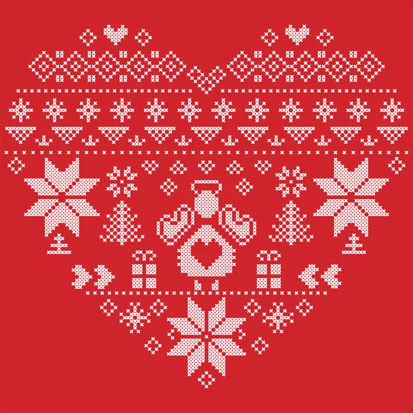 Серцем форму скандинавські друкованих текстильні стиль і натхненний Норвезька Різдво і святковий зимових безшовні малюнка в хрестиком з Різдвяна ялинка, сніжинки, ангел, серця на червоному тлі — стоковий вектор