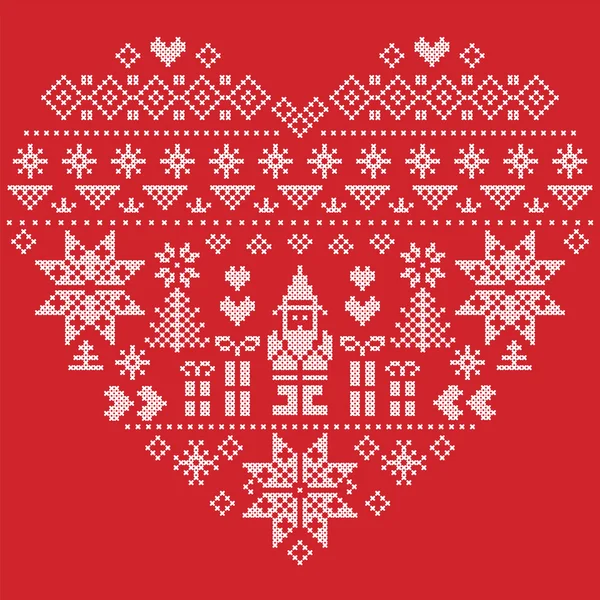 Coeur style scandinave imprimé textile et inspiré par Noël norvégien et motif sans couture hiver festif au point de croix avec arbre de Noël, flocons de neige, Père Noël, coeurs sur fond rouge — Image vectorielle