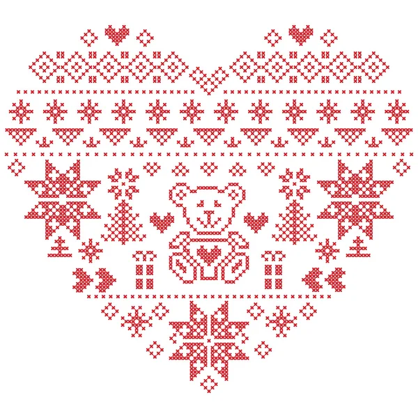 Forma de corazón escandinavo impreso estilo textil e inspirado en la Navidad noruega y festivo patrón sin costuras de invierno en punto de cruz con árbol de Navidad, copos de nieve, oso, corazones sobre fondo blanco — Archivo Imágenes Vectoriales
