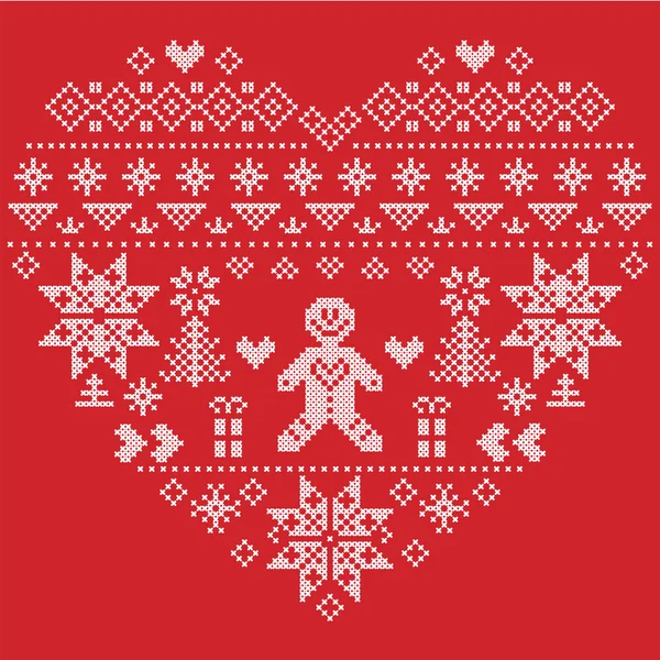 Herzform skandinavisch bedruckter Textilstil und inspiriert von norwegischen Weihnachten und festlichem Wintermuster in Kreuzstich mit Weihnachtsbaum, Schneeflocken, Lebkuchenmann, Herzen auf rotem Hintergrund — Stockvektor