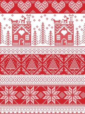 İskandinav baskılı Tekstil stil ve Norveç Noel ve şenlikli kış Dikişsiz desen dikiş gingerbread house, yılbaşı ağacı, kalp ile çapraz esinlenerek, Ren geyiği, kızak, hediye