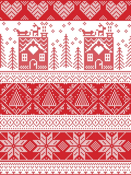 Scandinavian Printed Textile style and inspired by Norwegian Christmas and festive winter seamless pattern in cross stitch with gingerbread house, Christmas tree, heart, reindeer , sleigh, presents — Stock Vector