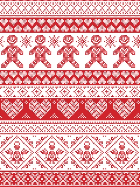 Scandinavian Printed Textile  inspired festive winter seamless pattern in cross stitch with Gingerbread man,  snowflake, decoration elements, angel, hearts and decorative ornaments in red and white — Stock Vector