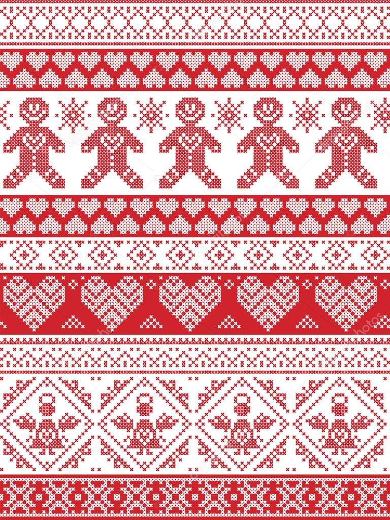 Scandinavian Printed Textile  inspired festive winter seamless pattern in cross stitch with Gingerbread man,  snowflake, decoration elements, angel, hearts and decorative ornaments in red and white