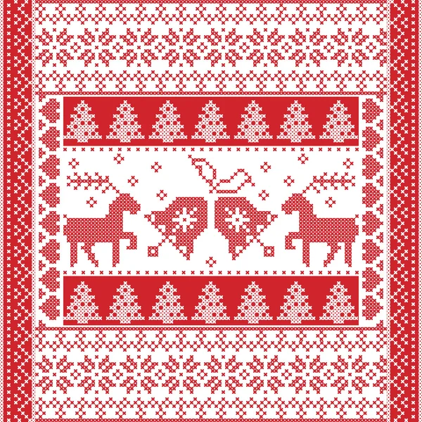 Scandinavian style and Nordic culture inspired Christmas and festive winter square  pattern in cross stitch style with Christmas bell,  tree, reindeer, heart, snowflake, stars, decorative ornaments — Stock Vector