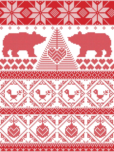 Tall Scandinavian Printed Textile style and inspired by Norwegian Christmas and festive winter seamless pattern in cross stitch with polar bear, Christmas tree, heart, robin bird , bauble — Stock Vector