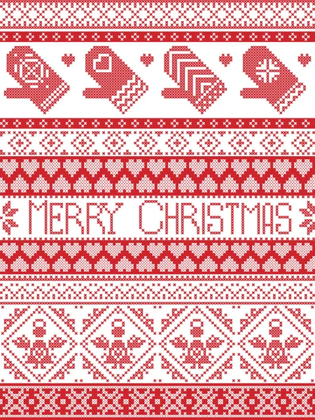 Merry Christmas Tall Scandinavian Printed Textile style and inspired by Norwegian Christmas and festive winter seamless pattern in cross stitch with mittens ,heart, angel, decorative ornaments — Stock Vector