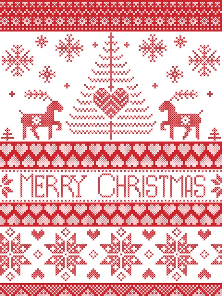Merry Christmas Tall Scandinavian Printed Textile style and inspired by Norwegian Christmas and festive winter seamless pattern in cross stitch with reindeer, Xmas tree,, heart, decorative ornaments — стоковый вектор