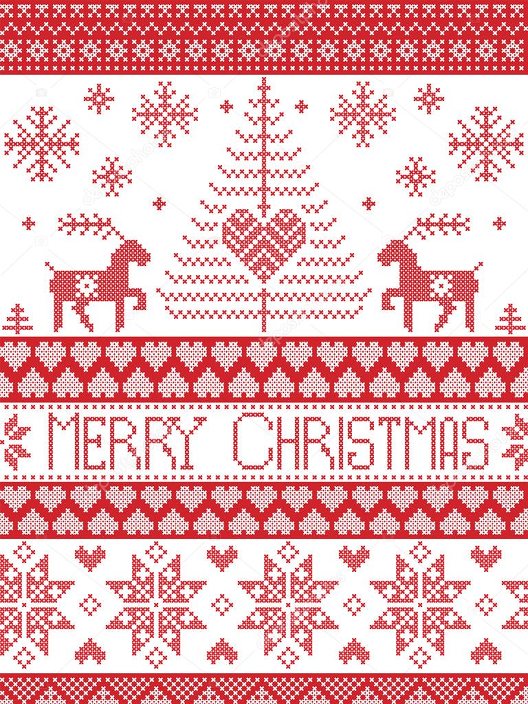 Merry Christmas Tall Scandinavian Printed Textile style and inspired by Norwegian Christmas and festive winter seamless pattern in cross stitch with reindeer, Xmas tree,  ,heart, decorative ornaments