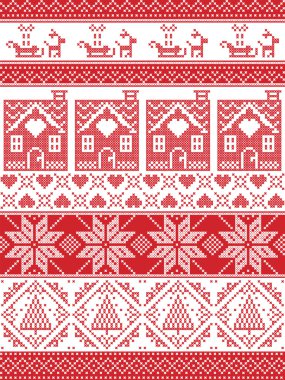 Sorunsuz İskandinav Tekstil stil, Norveç Noel, şenlikli kış Dikişsiz desen dikiş kurabiye evi, yılbaşı ağacı, kalp, Ren geyiği, kızak, çapraz esinlenerek, mevcut süsleme