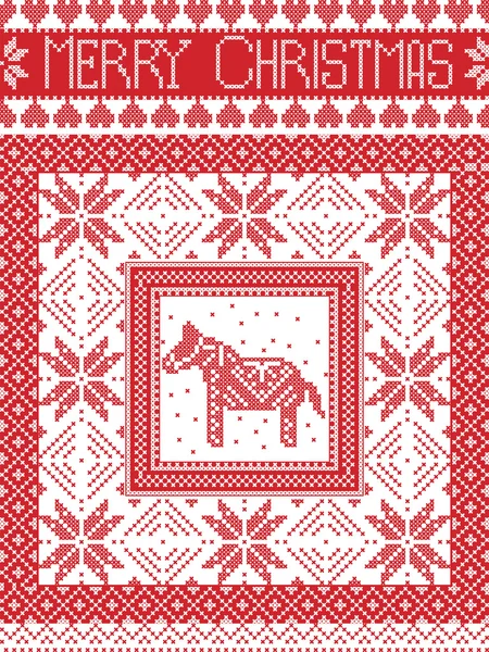 Feliz Navidad estilo escandinavo, inspirado en la Navidad noruega, patrón festivo sin costuras de invierno en punto de cruz con caballo de Dala sueco, copos de nieve y adornos decorativos en rojo, blanco — Vector de stock