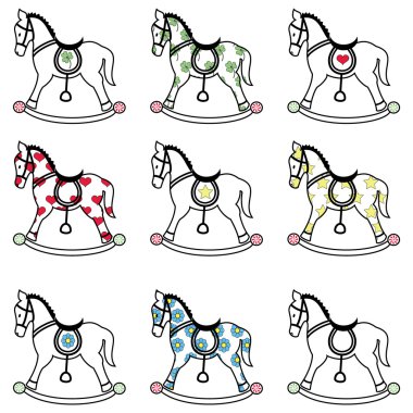 Rocking horse icons set with patterns including clover, heart, flower and star clipart