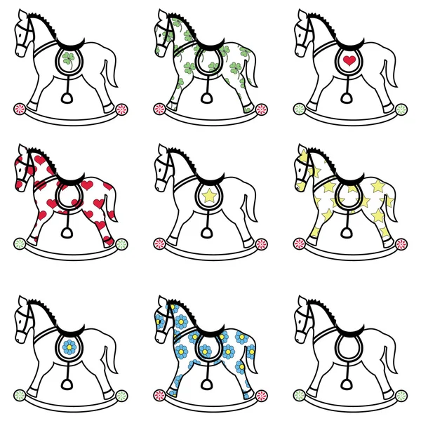 Качающаяся лошадь иконы с узорами, включая клевер, сердце, цветок и звезда — стоковый вектор