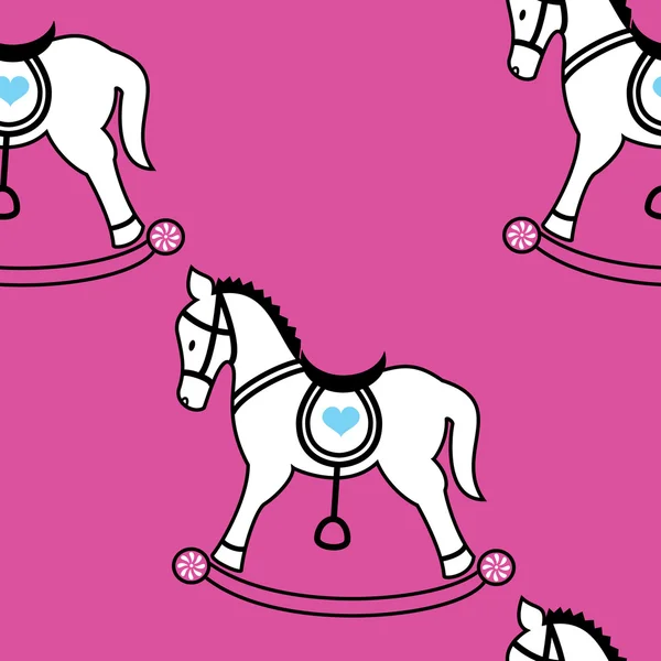 Скачущие иконы лошади бесшовные обои на розовом фоне, в том числе клевер, сердце, цветок и звезда — стоковый вектор