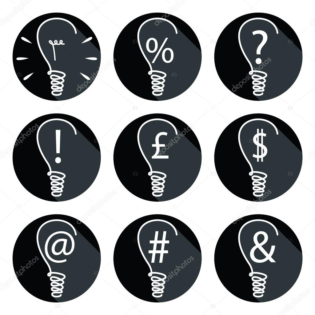 Ideas - bulbs set of icons with associated elements such as percent sign, exclamation mark, dollar sign, British pound, question mark, mailing sign , and ampersand