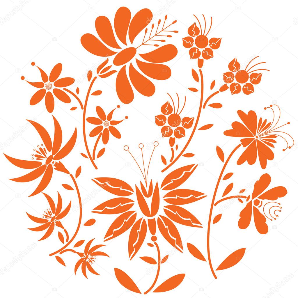 Floral folk pattern in circle containing set of orange- red color  flowers inspired by the Eastern European folk