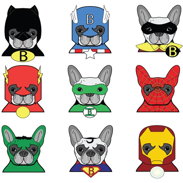 Ícones de super-heróis Bulldog francês — Vetor de Stock