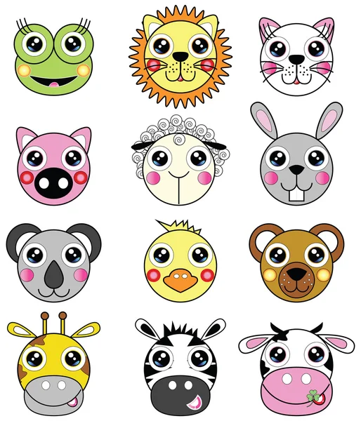 Cute animals such as frog, lion, cat, pig, sheep, bunny, koala bear, chick, bear, giraffe, zebra, cow, — Stock Vector