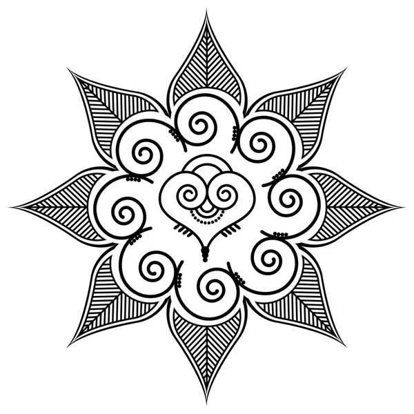 Forma cu frunze și formă de inimă în mijloc prin tatuaj henna — Vector de stoc