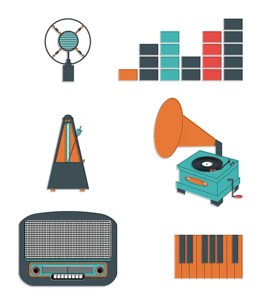 Muzyka gracze i składniki vol 3 łącznie z rocznika mikrofon, dźwięk i dostroić wskaźników, Metronom, klawiszy fortepianu, gramofon, klawiszy fortepianu, retro radio — Wektor stockowy