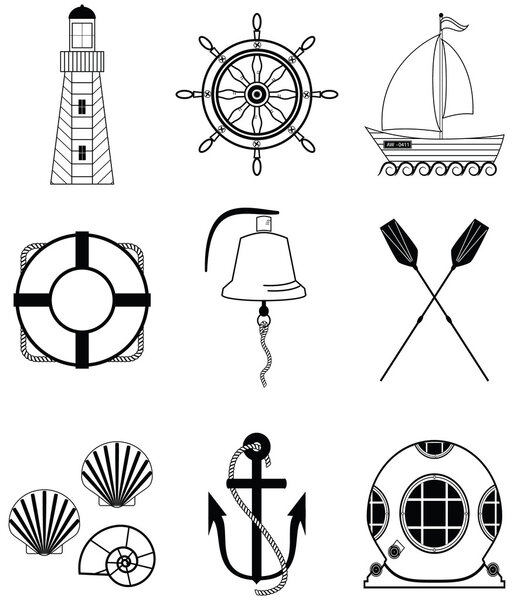 Nautical elements such as boat bell, boat, oars, rudder, vintage diving mask, life ring, light house, sea shells and anchor