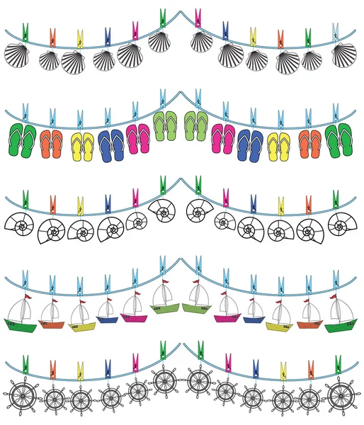 Морская праздничная овсянка с ракушками, шлепанцами, рулями, лодками — стоковый вектор