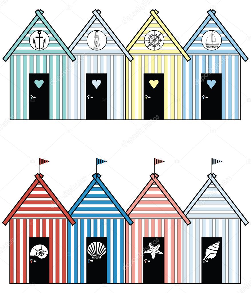 Beach houses including sea shells, star fish,  rudder, light house, anchor and boat