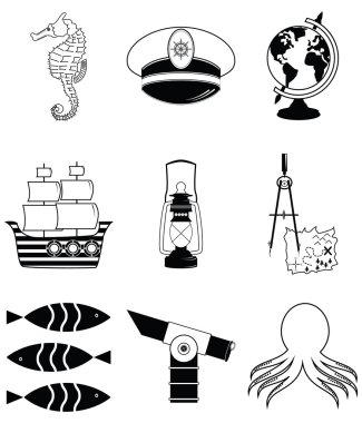 Nautical elements 3 including   seahorse, octopus, captains hat,  ship, drawing compass, tresure map, nautical style lamp, fish, globe, beach telescope clipart
