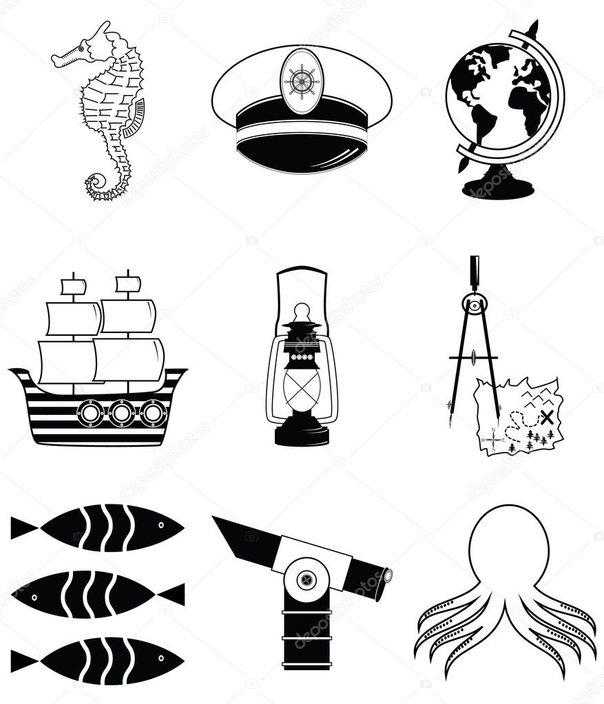 Nautical elements 3 including   seahorse, octopus, captains hat,  ship, drawing compass, tresure map, nautical style lamp, fish, globe, beach telescope