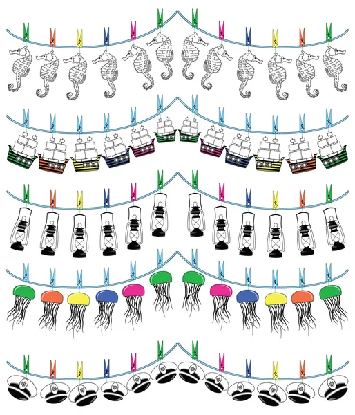 Морская праздничная овсянка, включая морского конька, капитанскую шляпу с рулем, медузу, корабль, морскую лампу — стоковый вектор