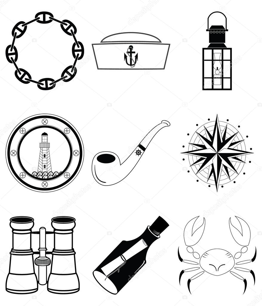 Nautical elements IV including crab, pipe, sailors hat, lantern, rose winds , view from the boats window, message in the bottle, binoculars and navy style chain