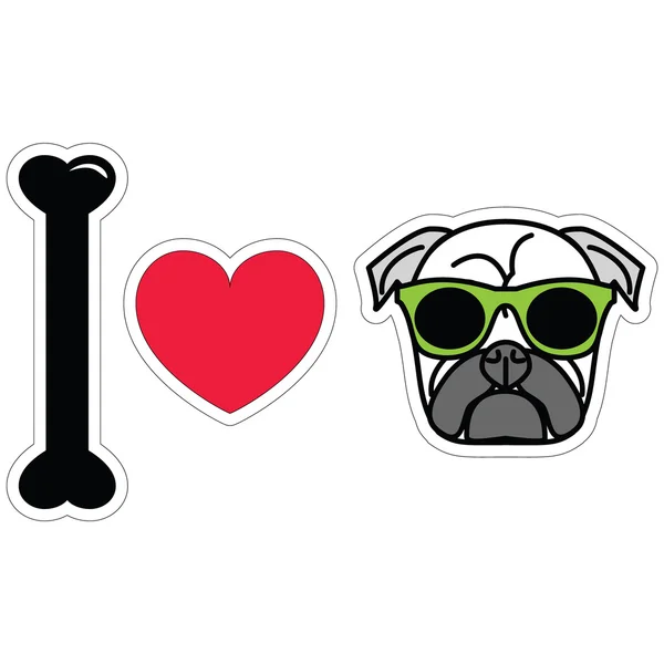 I love pug  with green hipster glasses sticker style — Stock Vector