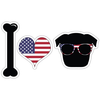 Pugs ile siyah şekil köpek Amerikan semboller ile seviyorum