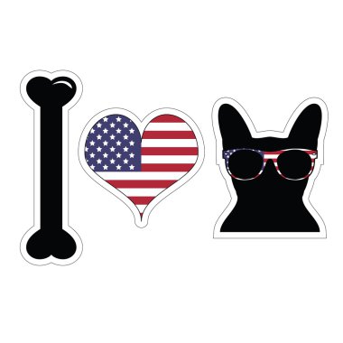 Fransız bulldog köpek siyah şekli ile Amerikan semboller ile seviyorum
