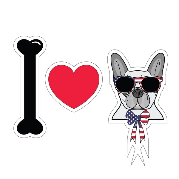 Ich liebe französische Bulldogge mit amerikanischen Symbolen — Stockvektor