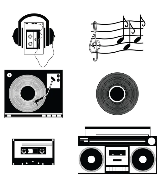 Reproductores de música y componentes vol 1 en blanco y negro — Vector de stock