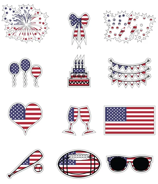 Ünnepi American szimbólumok és a szimbólumok mutatják be az amerikai zászló háttér-stílusú matricák — Stock Vector