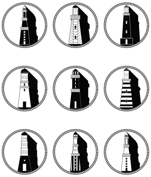 Fyrtårne ikoner i knyttede cirkel i sort og hvid – Stock-vektor