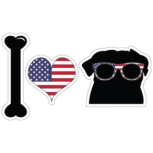 J'adore les carlins en noir avec des symboles américains — Image vectorielle
