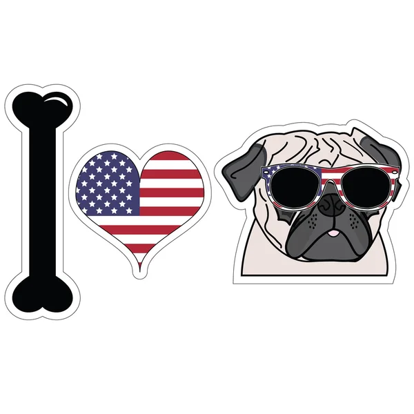 Ich liebe Mops mit amerikanischen Symbolen — Stockvektor