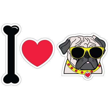 Pugs hipsters gözlük ve sarı yaka ile seviyorum