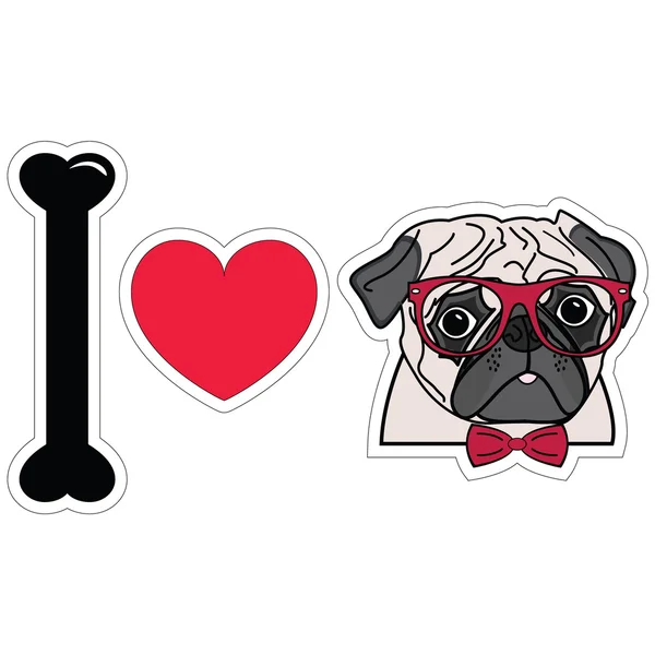 I love pugs with hipsters glasses and tie bow — Stock Vector