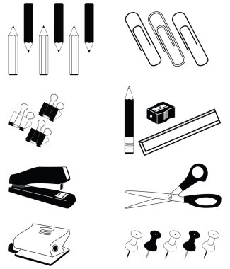 Siyah-beyaz ofis aksesuarları Icon set
