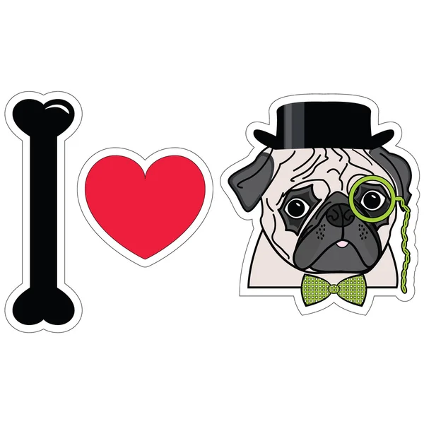 Pugs monocle 넥타이 나비와 모자를 사랑 하는 나 — 스톡 벡터