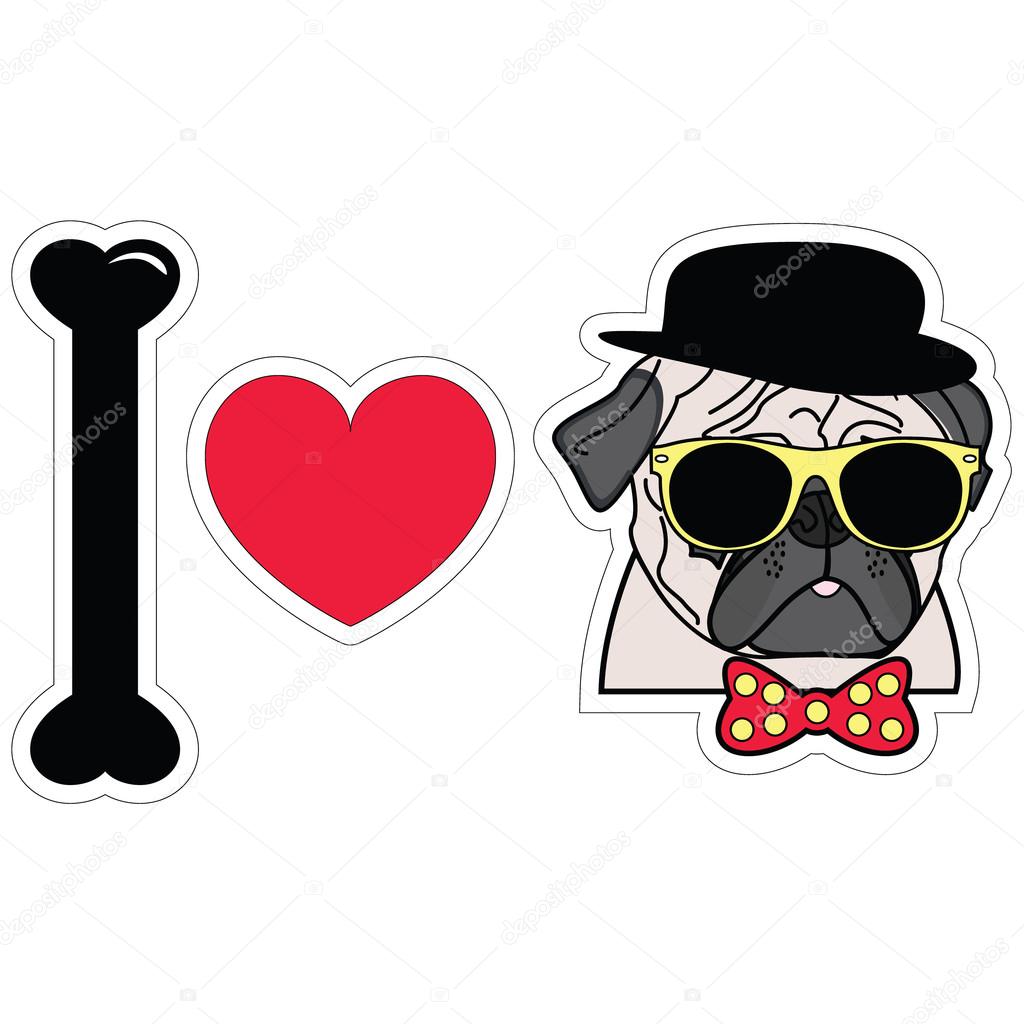 I love pugs hipster  with tie bow with dots sun glasses and hat