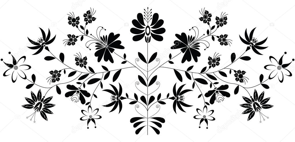 European folk floral pattern in black  on white background