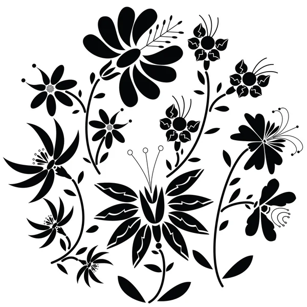 Patrón folclórico floral negro en forma de círculo sobre fondo blanco — Archivo Imágenes Vectoriales